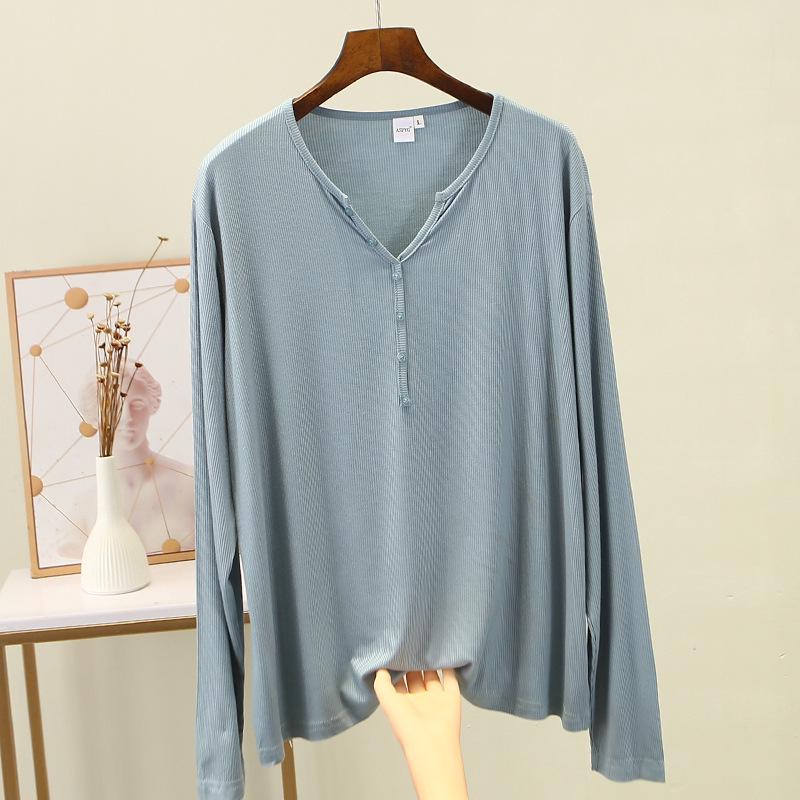 V-Neck Button-Down Long-Sleeve Modal T-Shirt - Loose Fit, Solid Color, All-Match Autumn Top