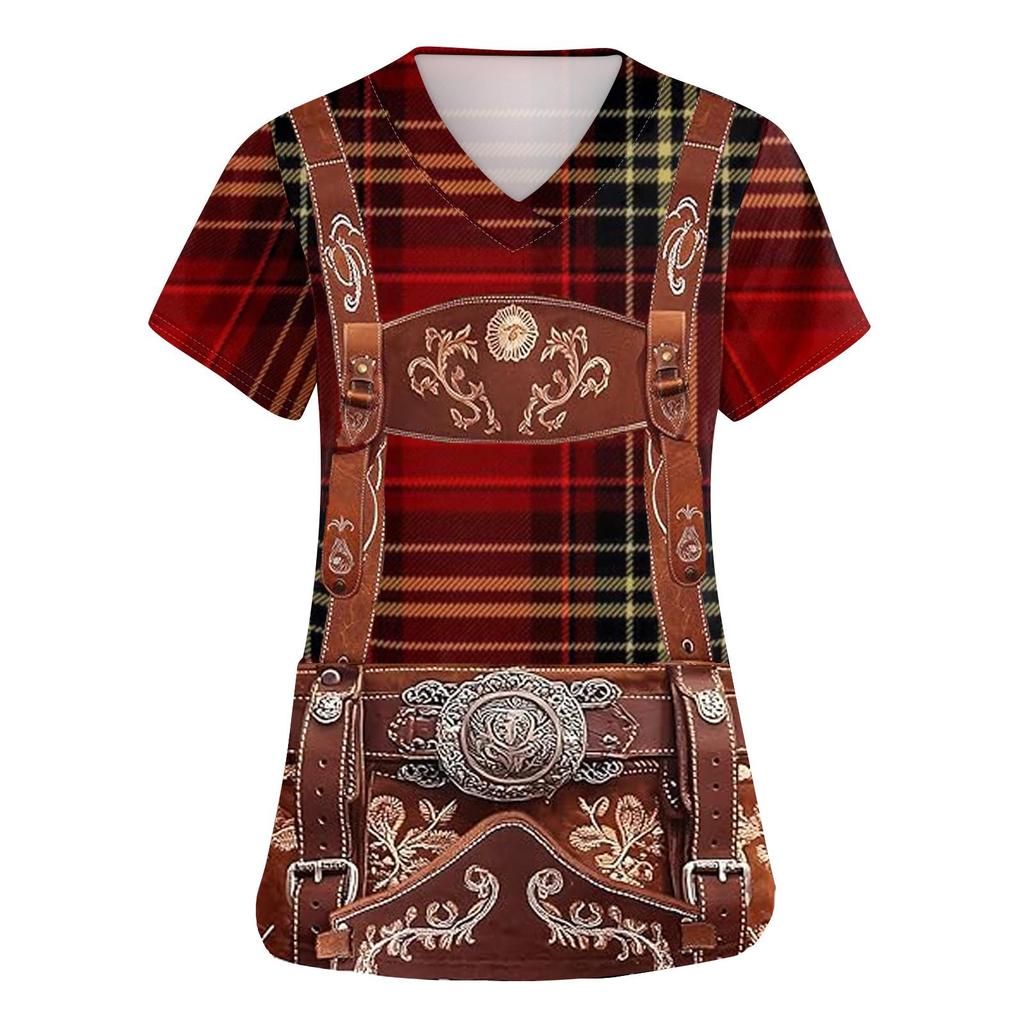 Women's V Neck Short Sleeve Work Shirt with Pockets Oktoberfest Print Top Nursing Uniform Comfortable Fit Durable Material