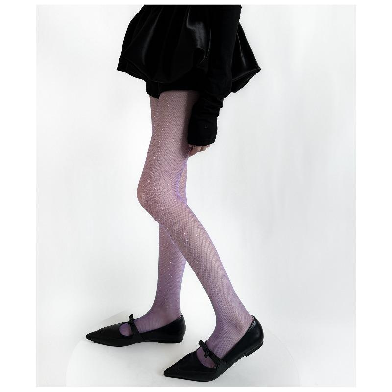 Water Droplet Fishnet Stockings in Dreamy Purple Diamond Cutouts and Sheer Sexy Silk Stockings with Glittering Diamonds for A Beautiful Leg Ensemble