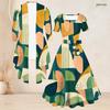 Women Plus Size Two Piece Set Geometric Printed Square Neck Short Sleeve Tie Waist Flared Dress And 3 4 Sleeve Long Cardigan