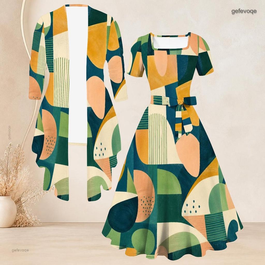 Women Plus Size Two Piece Set Geometric Printed Square Neck Short Sleeve Tie Waist Flared Dress And 3 4 Sleeve Long Cardigan