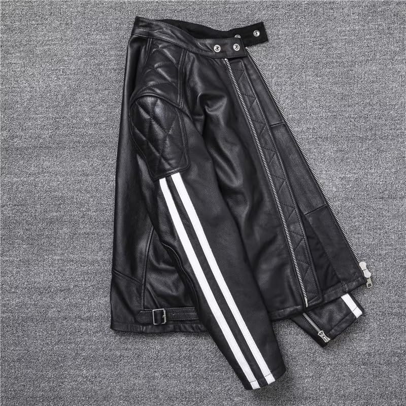 CHEJI Genuine Leather Military Biker and Popular for and Winter Black Jacket, Men's Double-Breasted Jacket, Jacket, Short, Simple, Cold-Weight