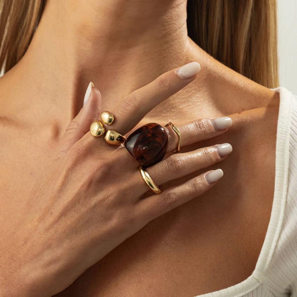 KunJoe 4Pcs/Set Vintage Irregular Gold Color Open Ring Women Boho Geometric Acrylic Adjustable Knuckle Ring  Jewelry Gift