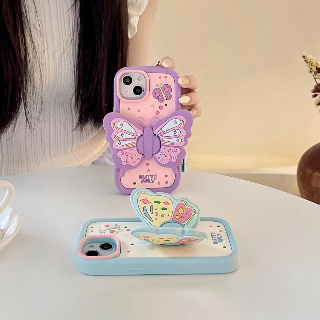 For iPhone 15 Silicone Case Cute Butterfly Kickstand Design Shockproof Phone Back Cover
