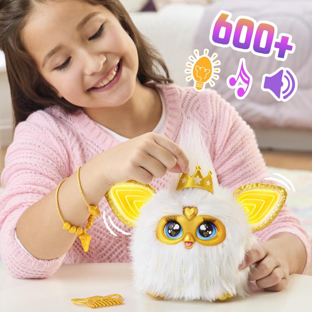 Hasbro Furby Bílá a Zlatá Hlasem Aktivovaná Interaktivní Hračka pro Kluky a Holky od 6 Let s Módními Doplňky, Animatronická Motorizovaná Plyšová Hračka pro
