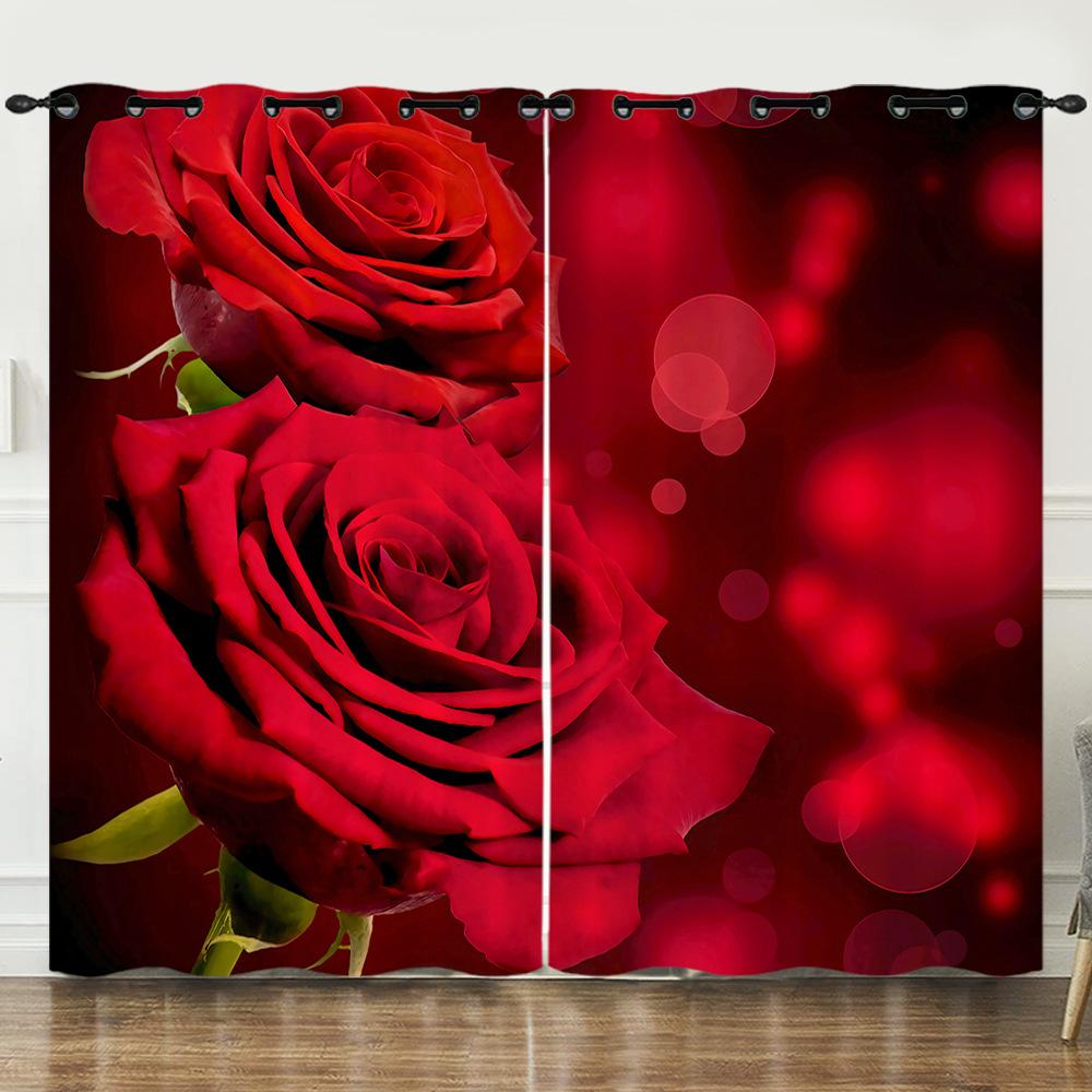 Curtains Flowers Roses Plants Flowers 3D Digital Printing Blackout Curtain Punching