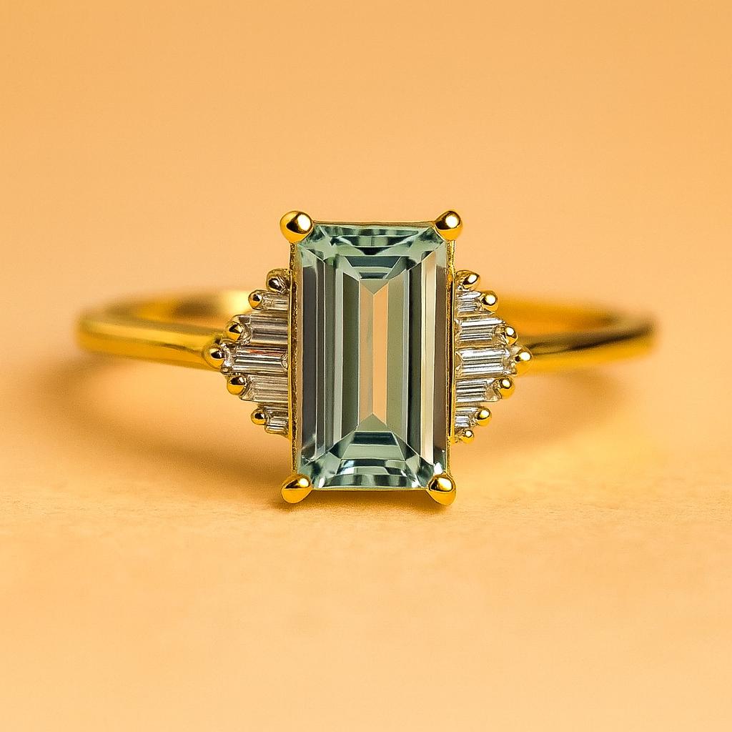 Women’s Emerald Cut Green Gemstone Ring – Gold Plated Band with Baguette Accents, Elegant Statement Jewelry Gift for Her