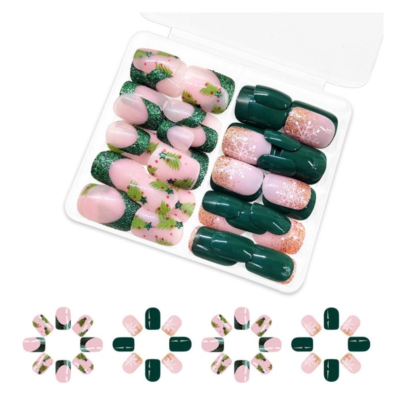 Festive Glittering Snowflake Stick On Nails Christmas Press on Nails Square Short Nail Art For Holiday Parties 1