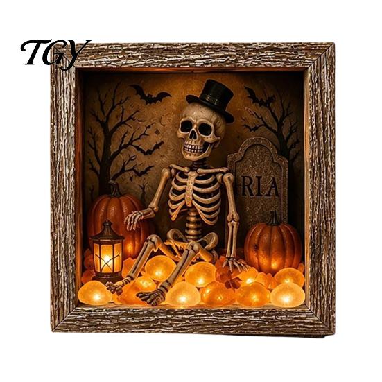 DIY Memory Box Display Lighted Halloween Ghost Shadow Kit, Wooden Frame LED Warm Light, Gothic Decorative Lamp with Crystal Glass Panel, Night