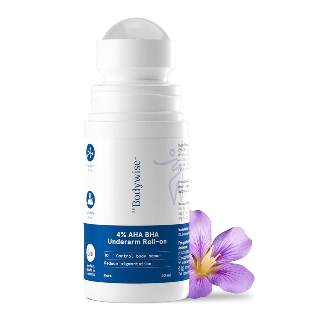 Be Bodywise Roll-on Ascelle 4% Aha Bha, 2% Acido Lattico, 1% Acido Mandelico e 1% Acido Salicilico, 0% Alcol e 0% Alluminio, Fragranza Flora, 50ml