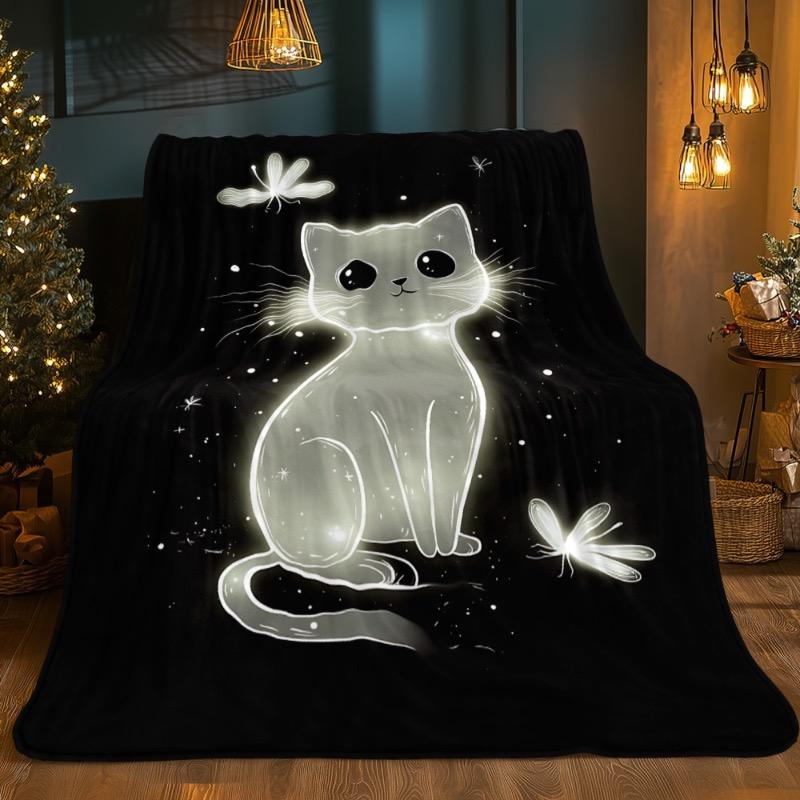 1 Piece Glow Cat and Firefly Flannel Throw - Soft Lightweight All-season Comfortable Sofa Bedroom Living Room Blanket