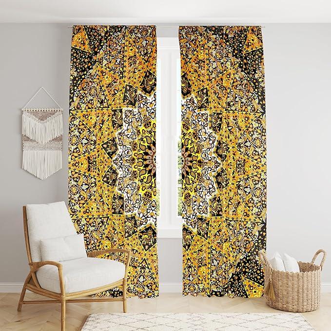 

Bless International Beautiful Indian Bohemian Psychedelic Hippie Tree of Life Window Curtain Panels for Bedroom, Living, Balcony (Yellow Star Mandala) 83 L x 38 W