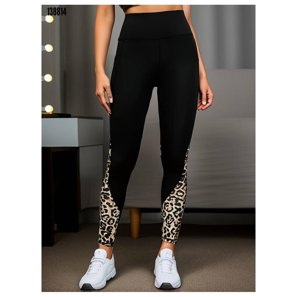 Women's High Waist Sports Leggings, Leopard Print, Black, Elastic, Comfort Fit