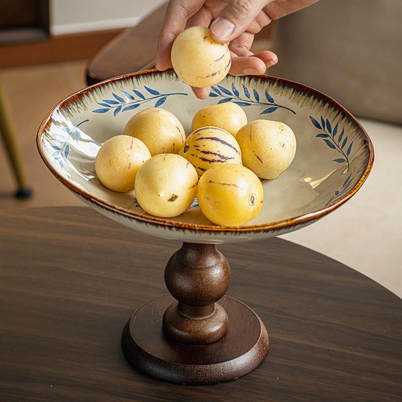 Wooden High-Footed Plate Fruit Plate Snack Plate Living Room Ceramic Fruit Plate Tray High-Value Entrance Ornament Export