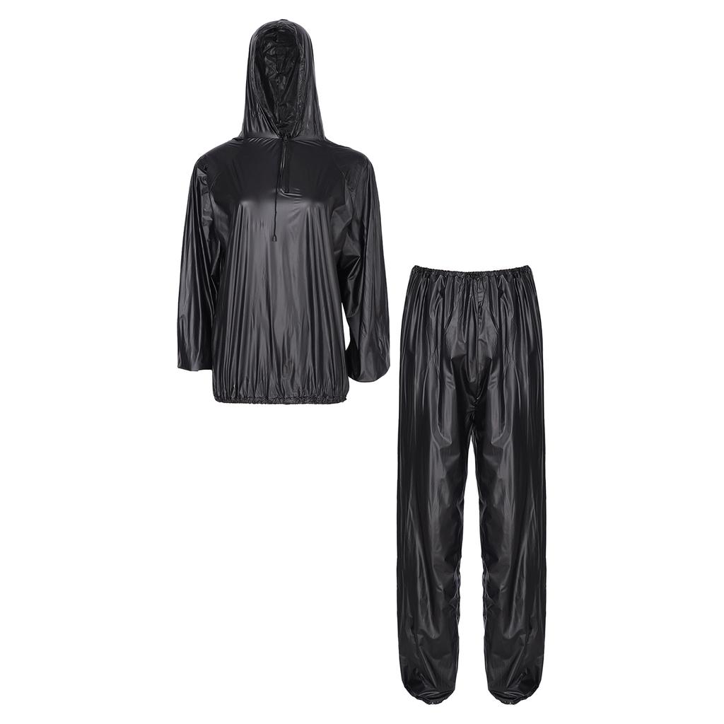 Unisex PVC Sports Suit Long Sleeve Zipper Hooded Top Elastic Waistband Pants Fitness Workout Outfits