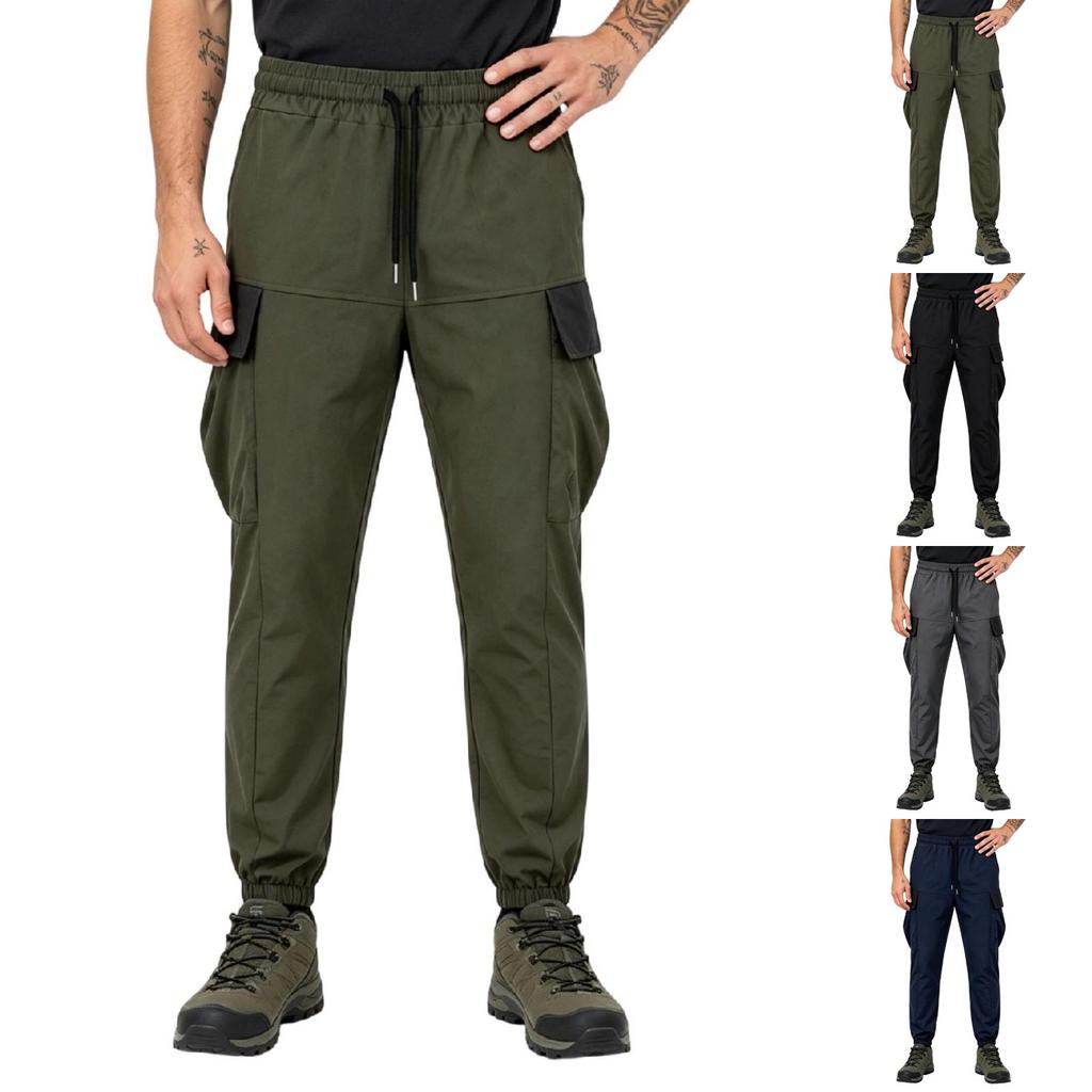 Men's Tapered Cargo Pants with Color Block Pockets and Elastic Waist, Outdoor Casual Work Pants