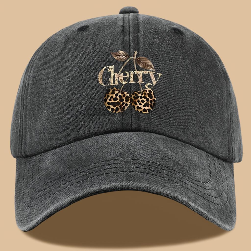 Leopard Print Baseball Cap Cherry Letters Unisex Daily Sun Hat Holiday or Birthday Gift for Cherry Enthusiasts