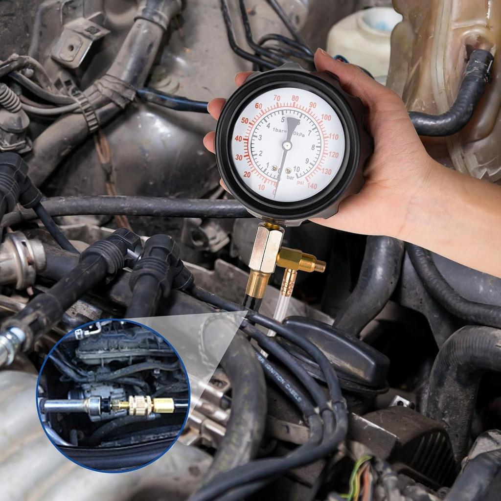 0-140PSI Fuel Pressure Tester Kit, Diesel Diagnostic Tool for Cars, Trucks & Motorcycles, Includes Multi-Size Adapters for Detecting Fuel Pump