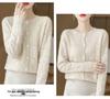 2024 Early Autumn Women's Merino Wool Round Neck Knit Cardigan with Hollow Details