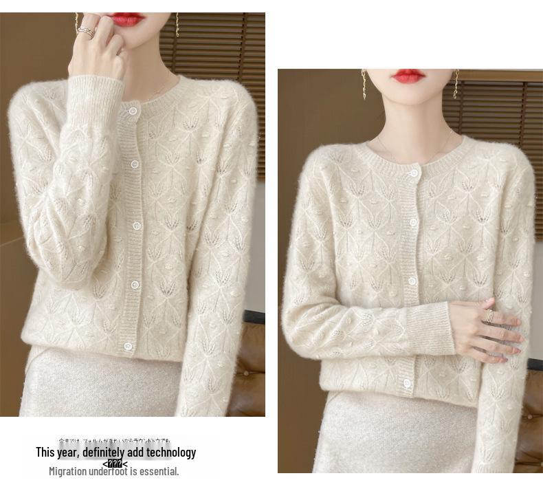 2024 Early Autumn Women's Merino Wool Round Neck Knit Cardigan with Hollow Details