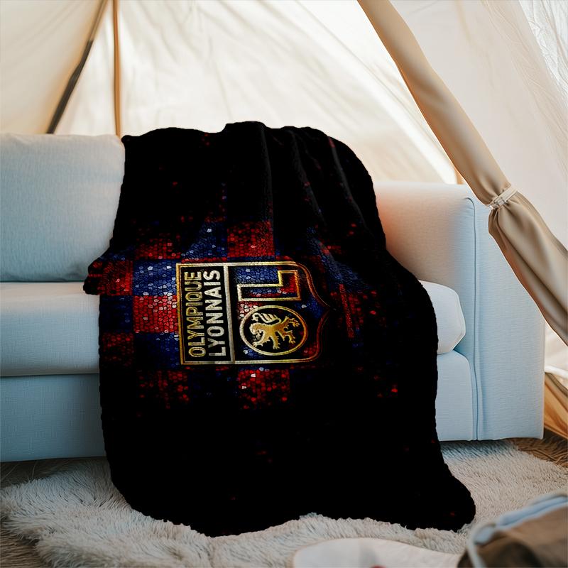 1PC Lyon Football Crest Design Printed Soft Flannel Blanket Throw for Adult Bedroom Living Room Sofa Camping Travel Fan gifts Christmas Gifts