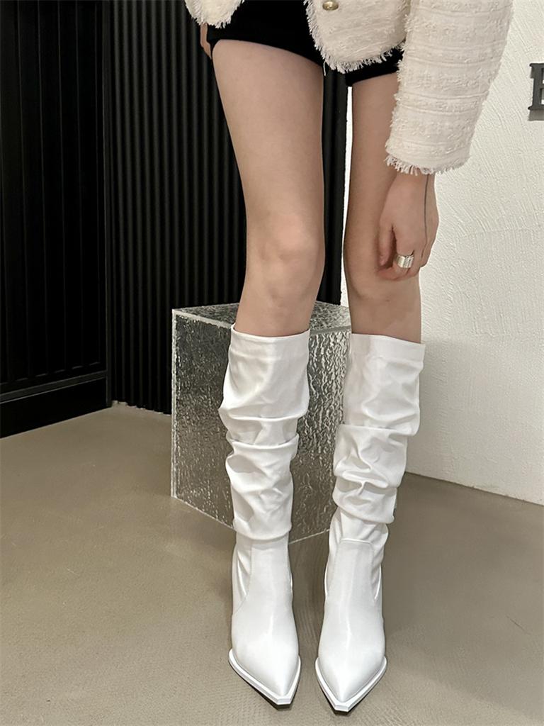 Fashion Pointed Toe Women Knee High Boots Black Brown White Winter Knight Botas Thin High Heels Shallow Slip On Party Chelsea Botas 39
