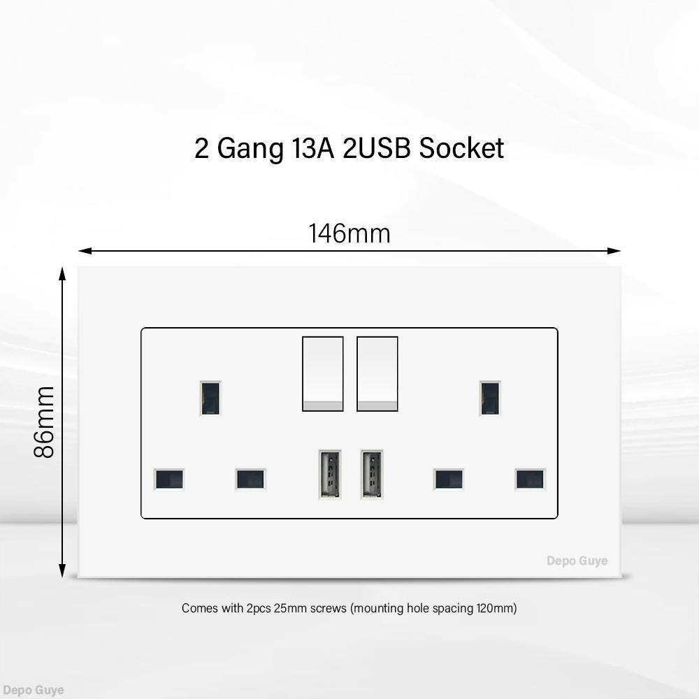 UK 13A Wall Socket with USB Type C 18W Quick Charge Power Outlet,Universal Electrical  Wall Light Switch Dual 3-pin Socket 220V