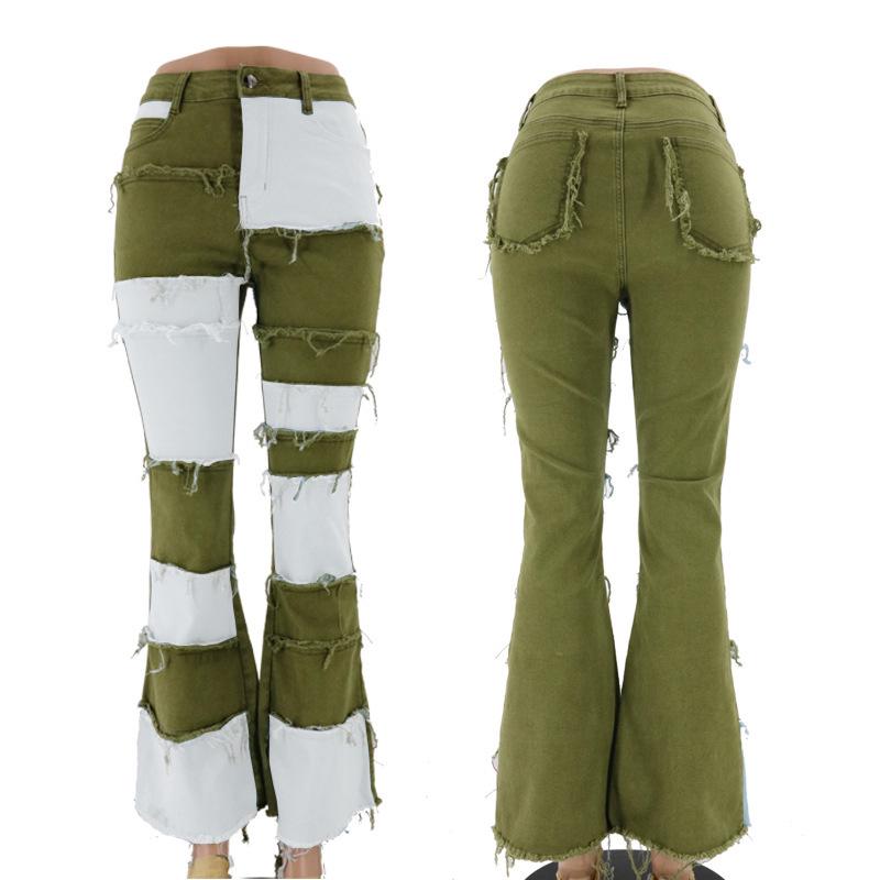 2025 Autumn Color Block Patchwork High Waist Flared Women's Denim Pants