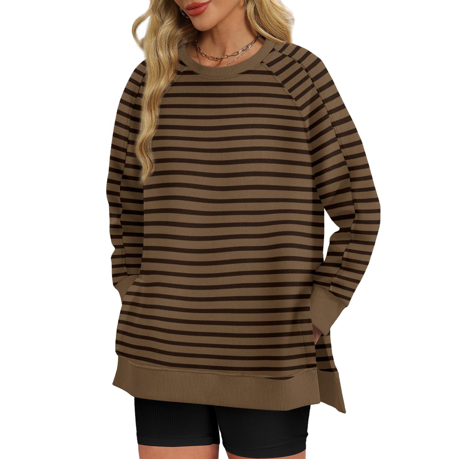 

Женская толстовка, повседневный свитер с круглым вырезом и длинным рукавом, женская полосатая футболка-пуловер S коричневый