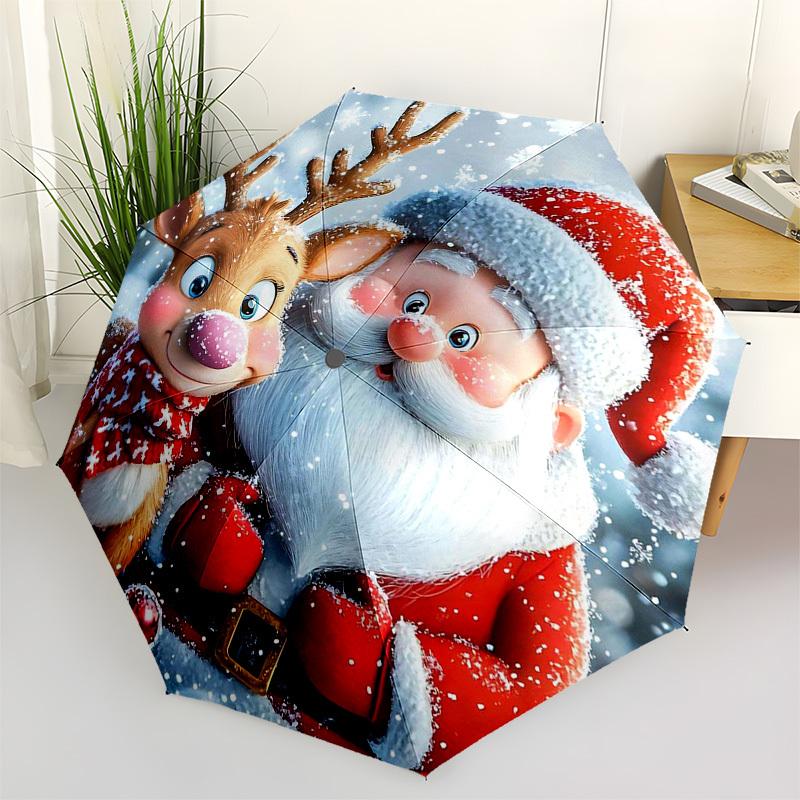 1pc Christmas Santa Claus & Reindeer Automatic Folding Umbrella, Portable 3-Fold Design with 8-Rib Iron Frame, Perfect Outdoor Gift for Fans, Traveler