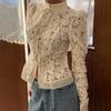 Elegantní krajková košile se stojáčkem a dlouhým rukávem pro ženy, s žabími knoflíky, úzký střih, s průstřihy, jednobarevná, módní, květinová, ležérní, sladké oblečení