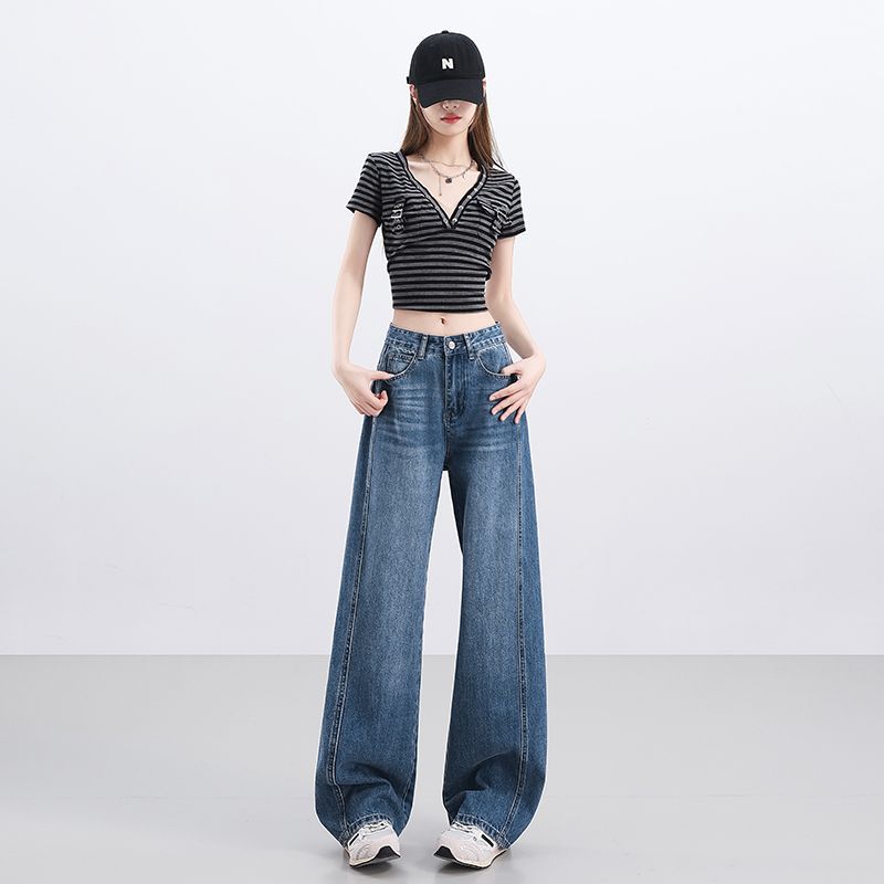 Spring Summer Vintage High Waist Relaxed Floor Drape Saber Cut Trendy Wide Leg Denim Pants Ladies Casual Pants Oversize Denim Trousers