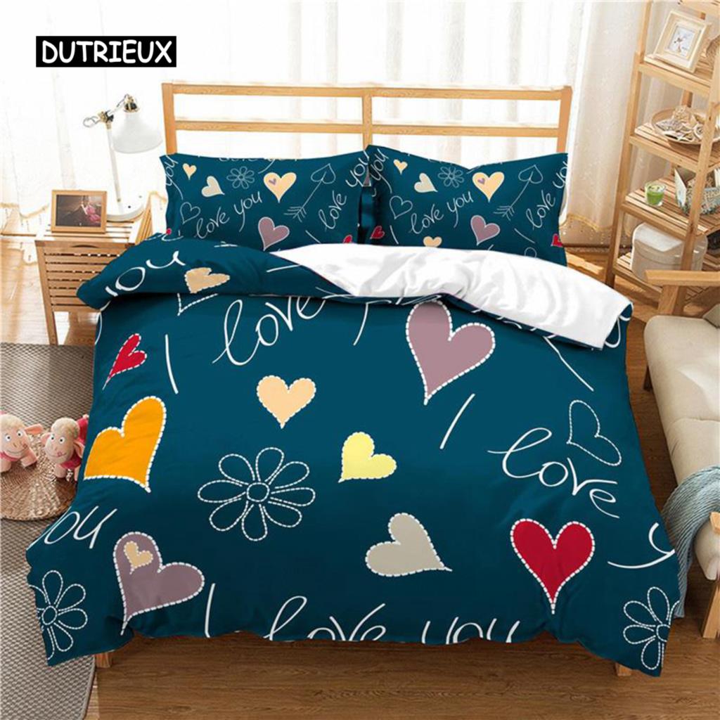 Love Heart Duvet Cover Set Cartoon Fun Colorful Hearts Quilt Cover Twin Romantic Style I Love You Polyester Bedding Set for Teen