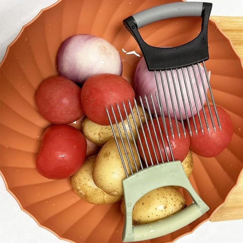 Müheloser Zwiebelschneider Halter Edelstahl Gemüse Schneidegabel Küchenhelfer
