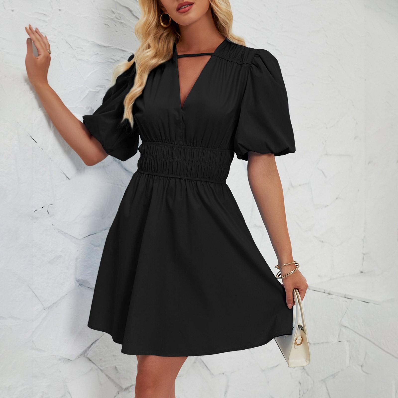 Женское модное однотонное вечернее платье с v-образным вырезом и короткими рукавами — фото 6