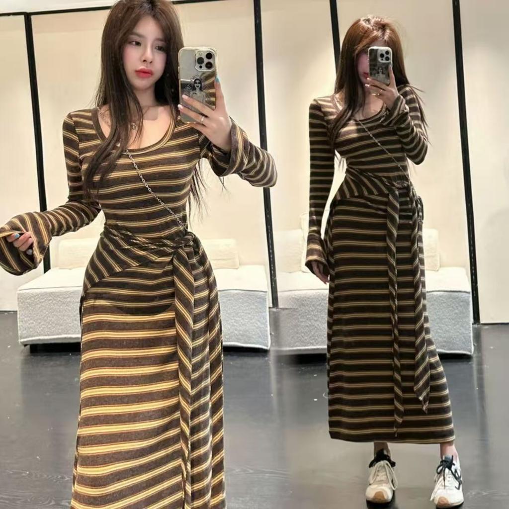 Autumn new Korean version temperament slim and thin striped long-sleeved dress women's hip T-shirt long dress foreign style