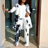 Women Plus Size Three Quarter Sleeve Round Neck Irregular Hem Printed Top Wide Leg Pants Two Piece Set