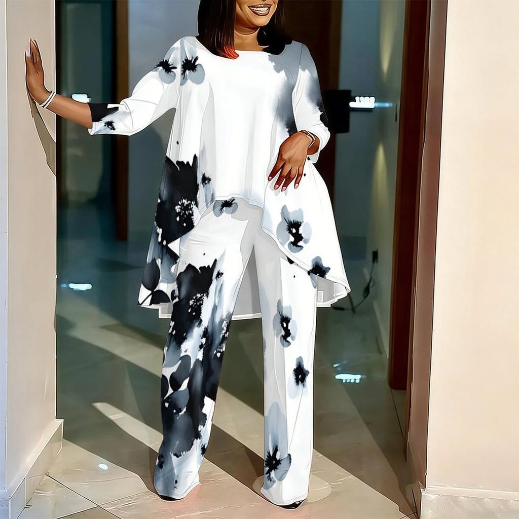 Women Plus Size Three Quarter Sleeve Round Neck Irregular Hem Printed Top Wide Leg Pants Two Piece Set