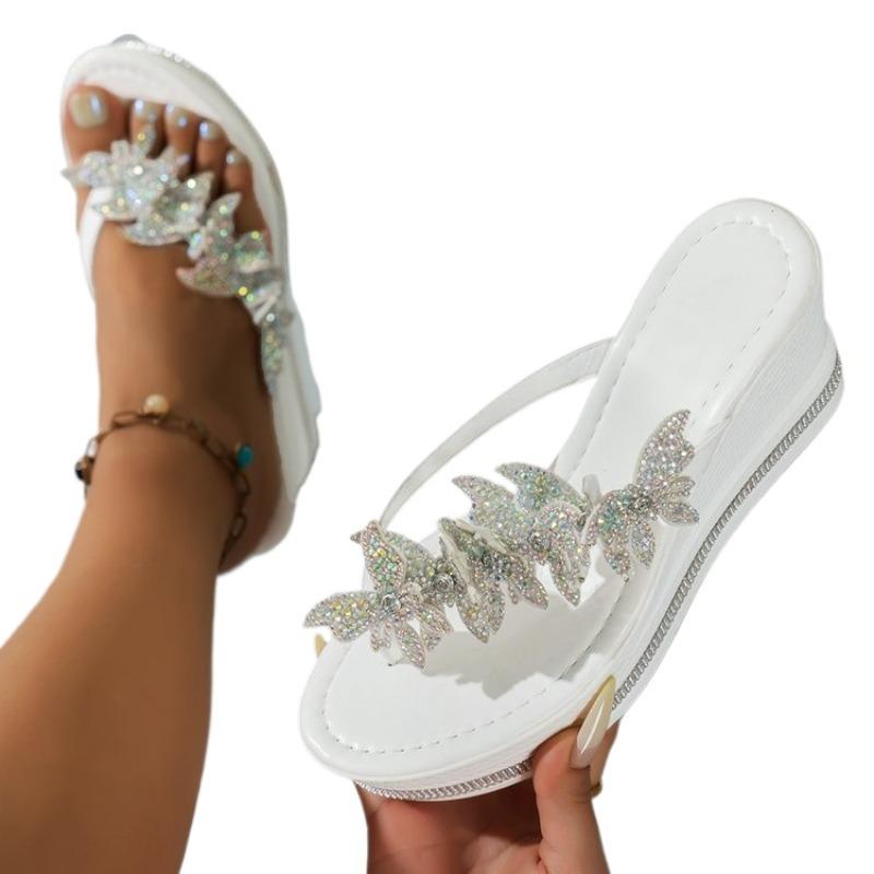 Shiny Crystal Wedge Slippers for Women Fashion Platform Sandals Woman Thick Sole Rhinestone Butterfly Party Shoes