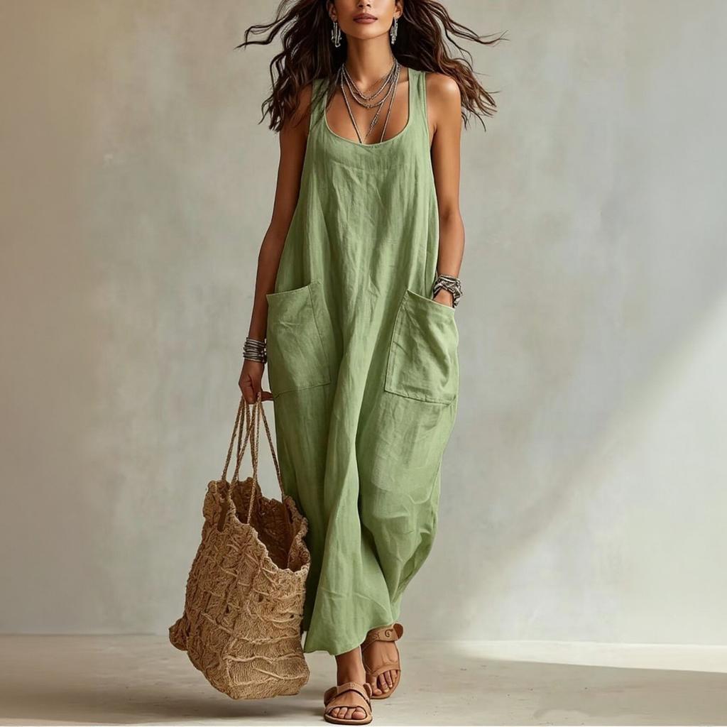 Women Casual Sleeveless Long Dress with Pockets Loose Fit Lightweight Summer Beach Dress Soft Fabric Comfortable Design