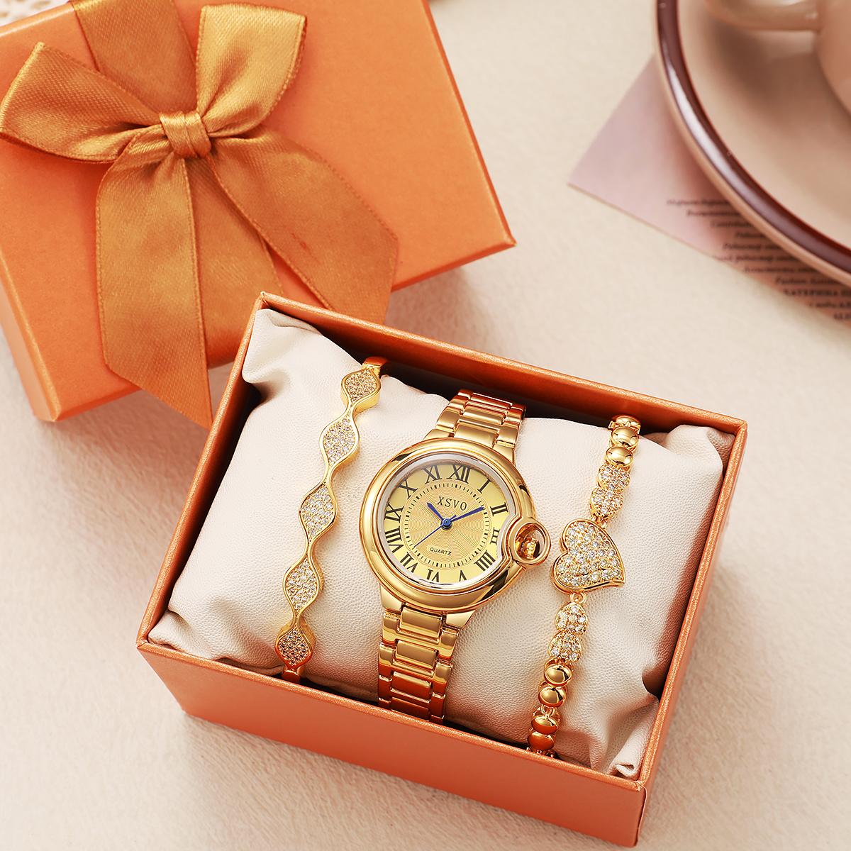 

New Design Gold Watch Set with Wave-Shaped Diamond-Encrusted Fashion Luxury Gift Box Quartz Watch Christmas Gift золотой