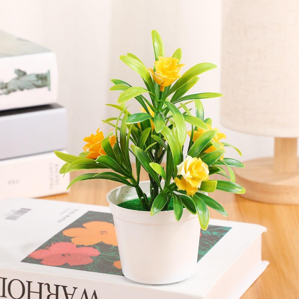 New 6 Colors Artificial Potted Plant 12*17cm Plastic 5 Head Roses Office Table Decor Fake Plants Wedding Home Hotel Decor