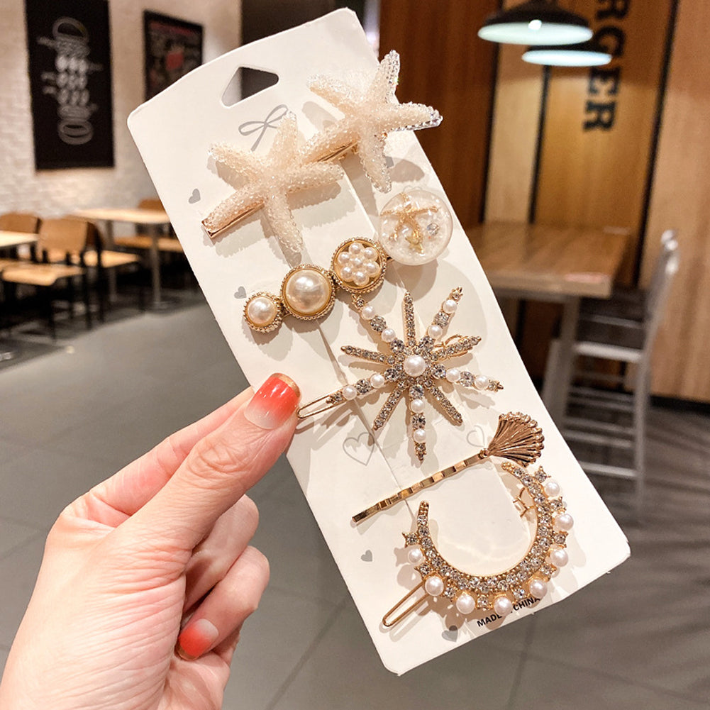 Pearl Hair Clip Set for Women Korean Hairpin Geometric Crystal Starfish Star Moon Butterfly Hair Barrettes Hair Accessories