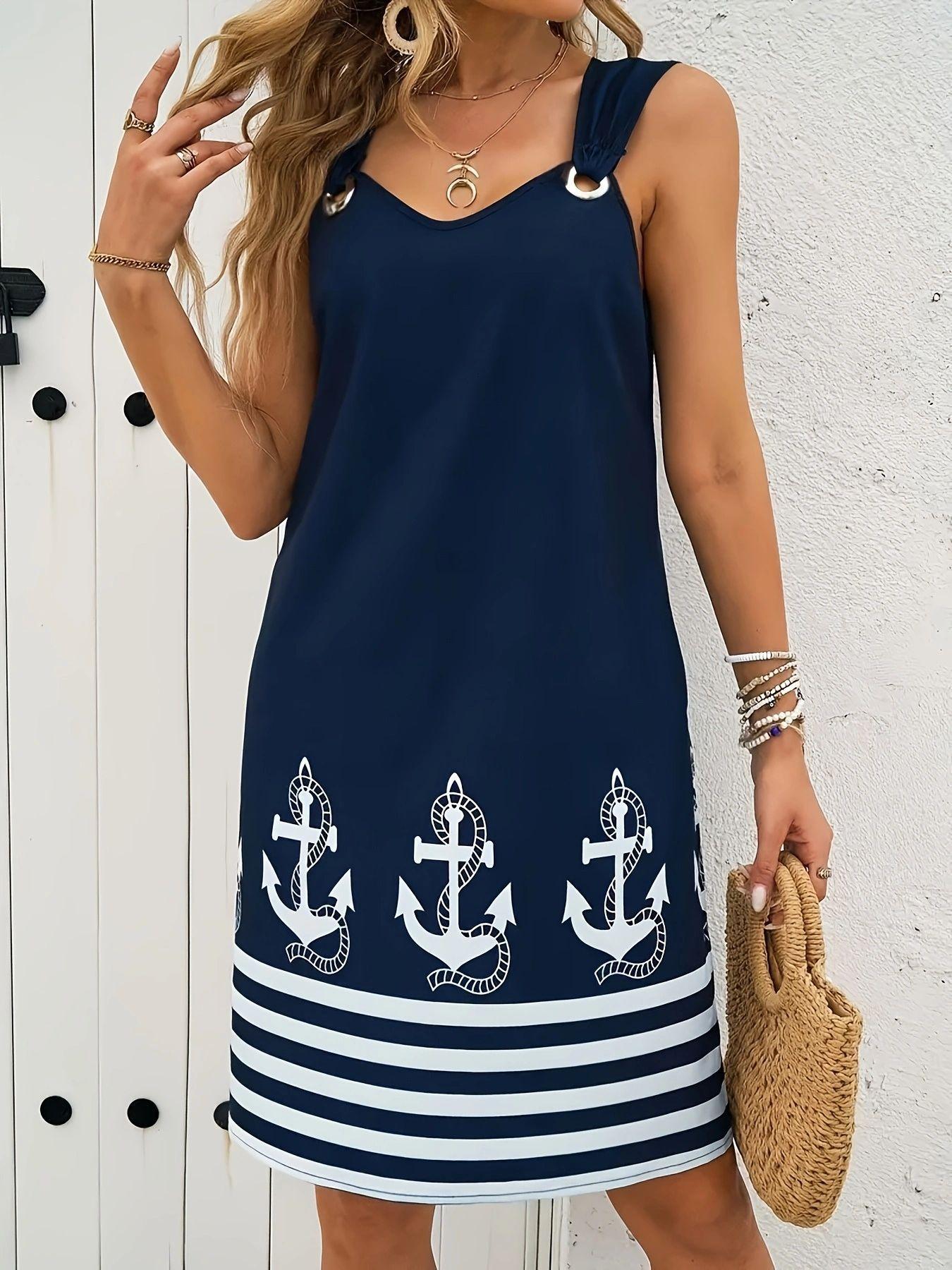 Women Sleeveless Anchor Print Shift Dress Nautical Stripe Casual Summer Beach Dress S тёмно-синий