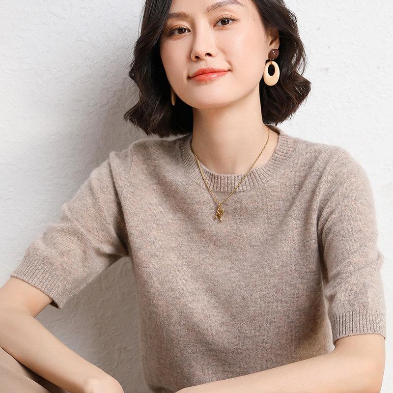 Vår och höst T-shirt stickad skjorta dam Kortärmad tröja med rund hals Stickad bottentröja Halvärmad tröja