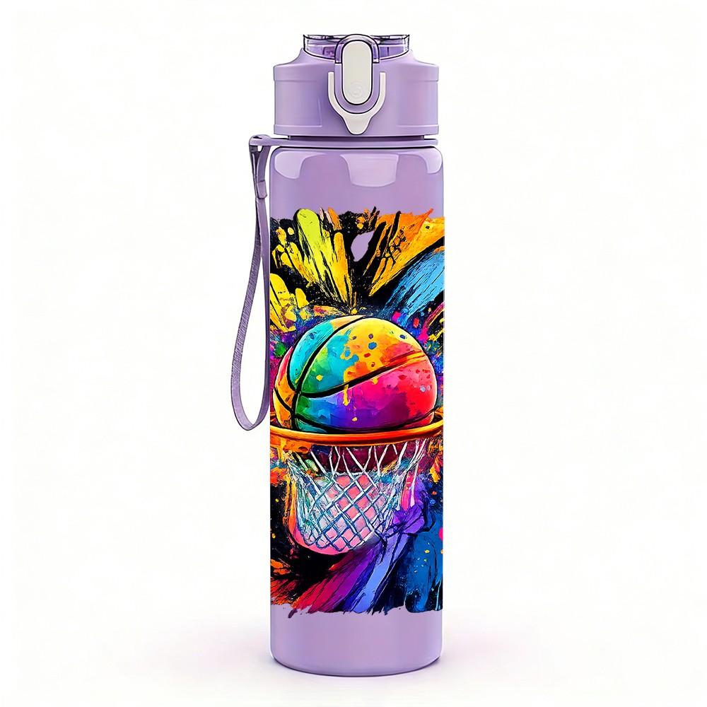 1PC Color Splash Basketball Sport Print 750ml Color Plastic Sports Water Bottle Leakproof Flip Straw Lid Suitable for Sports Office Home Use