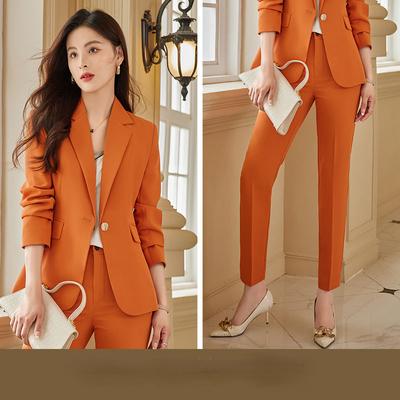 Schickes zweiteiliges Anzug-Set für Damen mit orangefarbenem Blazer und Hose, lässiges Outfit mit Rückenschlitz