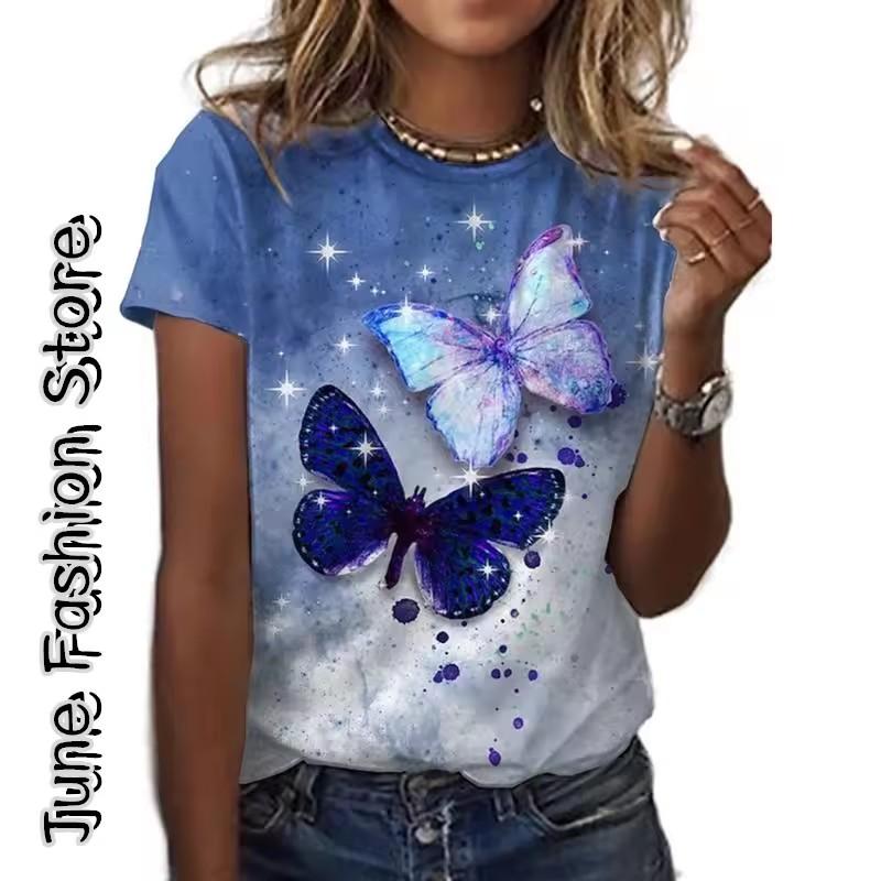 Summer Women's T Shirt Animal Weekend 3D Print Butterfly Graphics Light Green Short Sleeve Tee Fashion Round Neck Tops