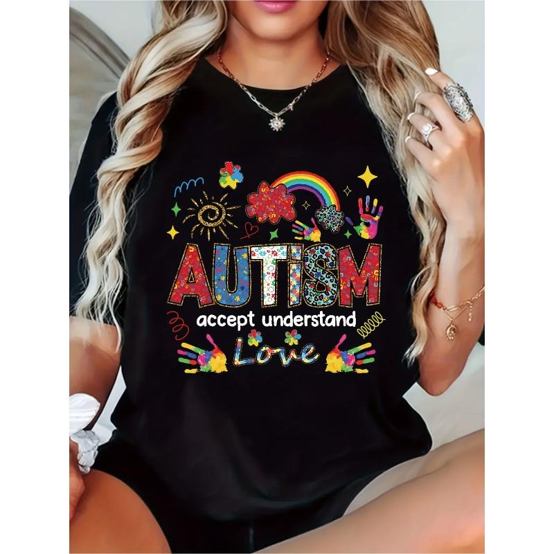 

European Size Autism Acceptance Graphic Tee - Black Crew Neck Short Sleeve Shirt with Rainbow and Handprint Design All season Top,Comfortable Fit 4XL чорний
