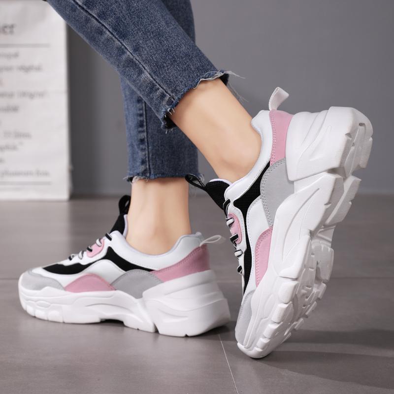 Women's Solid Color Simple Sneakers, Lace-Up Thick-Soled Sports and Casual Shoes, Breathable Low-Top White Shoes, Suitable for A